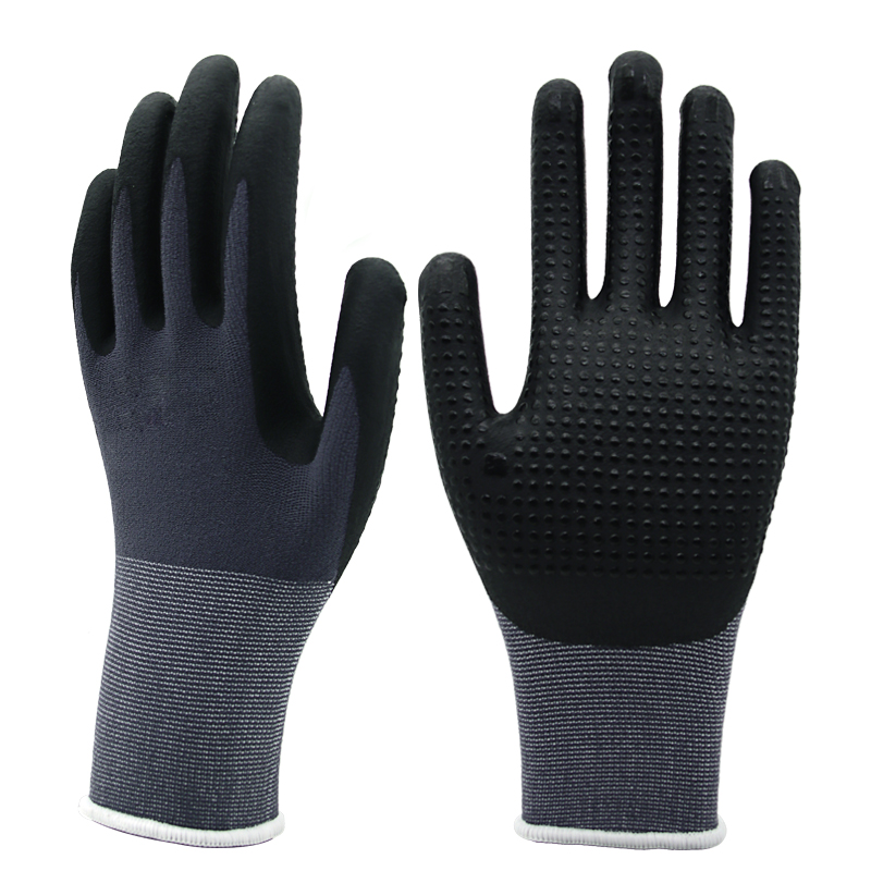 15g nylon&spandex liner, palm coated black foam nitrile, dots on palm (2)