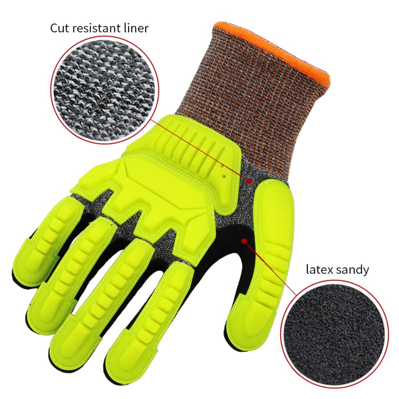 PE liner, palm coated sandy nitrile, TPR on back, velcro at wrist (4)